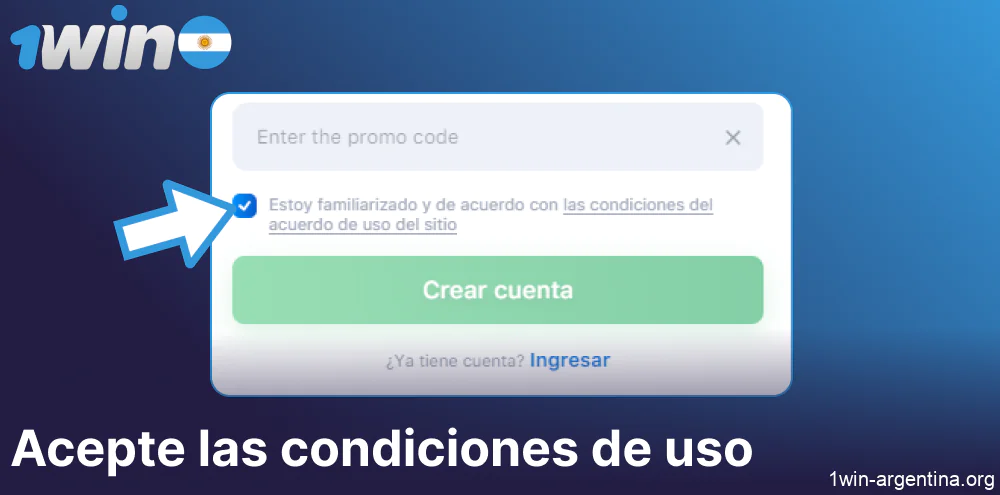 Acepte las condiciones de uso en el sitio web de 1win