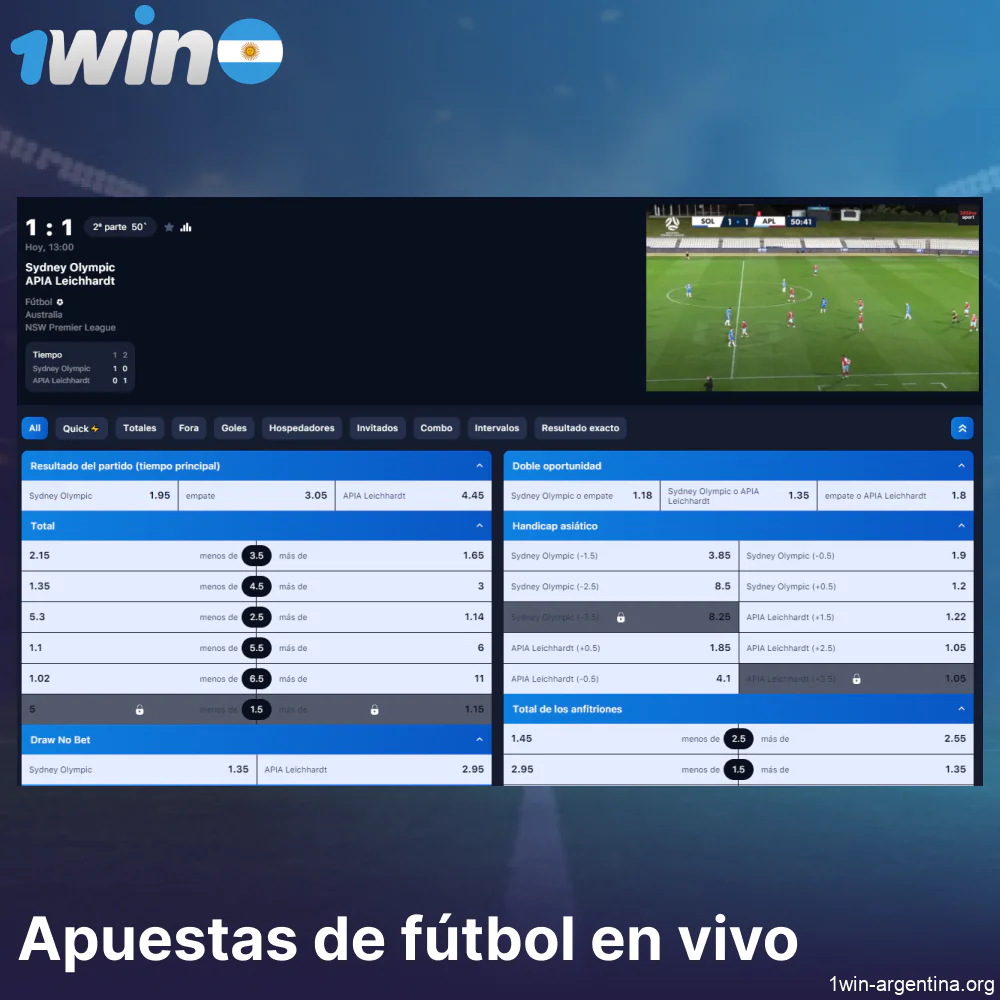 Apuestas de fútbol en directo disponibles en 1win para jugadores de Argentina