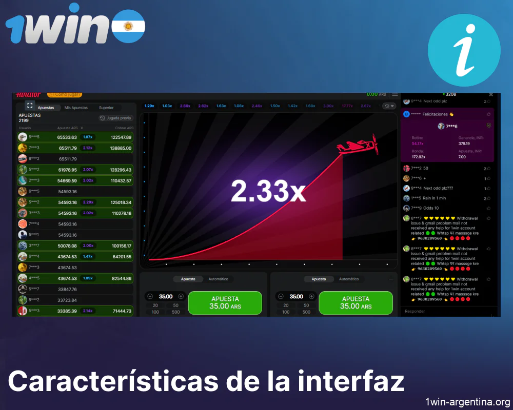 Las principales características de la interfaz 1win Aviator
