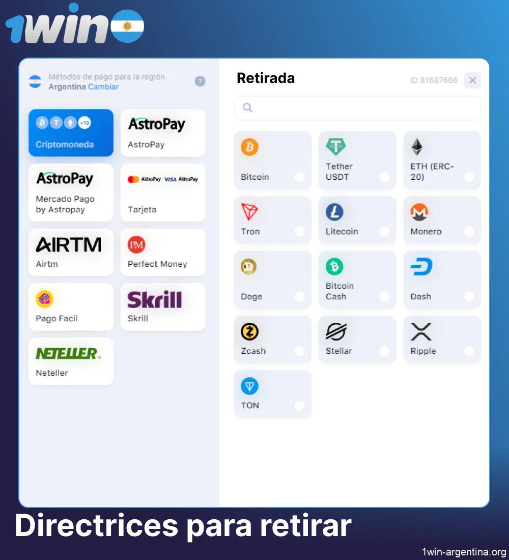 Instrucciones para retirar fondos del sitio web de 1win