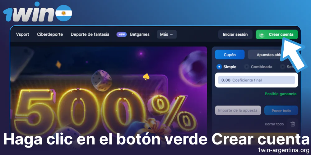 Haga clic en el botón verde Crear cuenta en el sitio web 1win