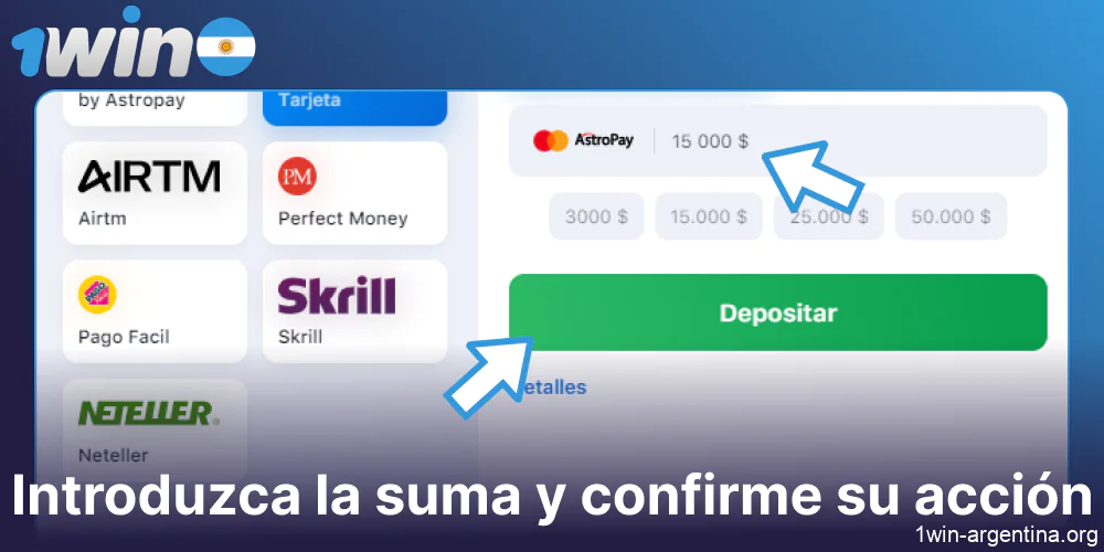 Introduzca la suma y confirme su acción en el sitio web 1win