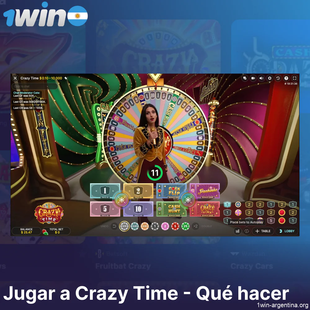 Instrucciones para empezar a jugar a Crazy Time en 1win Argentina