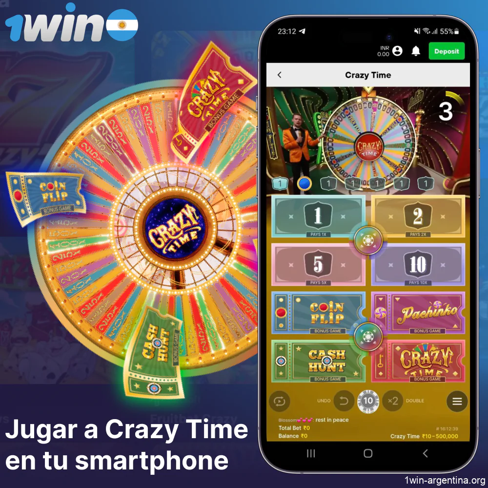 Instrucciones para empezar a jugar a la versión móvil de Crazy Time en 1win Argentina