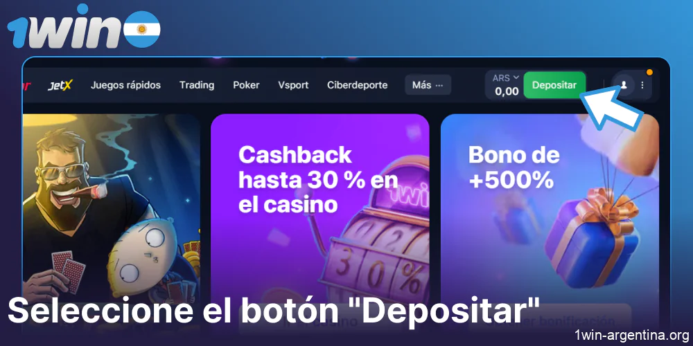 Seleccione el botón "Depositar" en el sitio web 1win