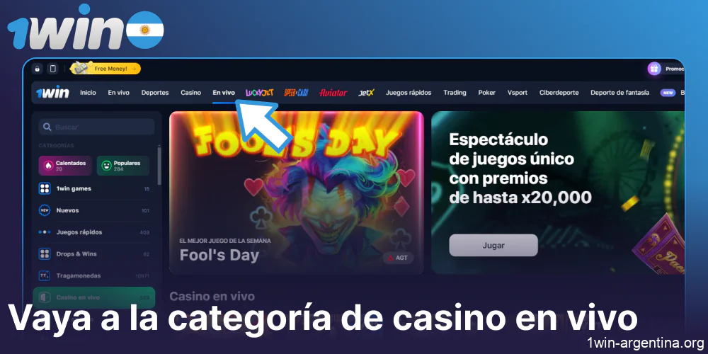 Vaya a la categoría de casino en vivo en el sitio web de 1win